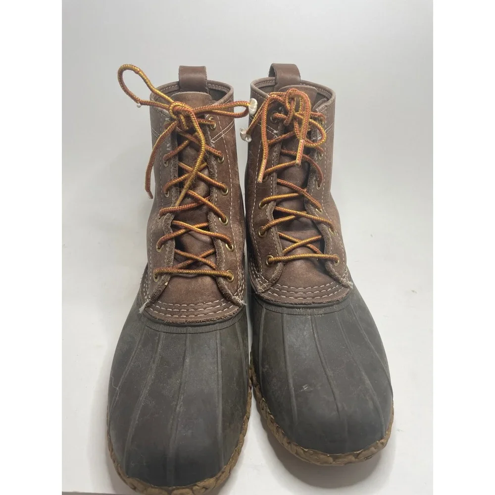 LL Bean Mens Duck Boots 9 Wide Brown Leather Rubber Waterproof USA Code Distress